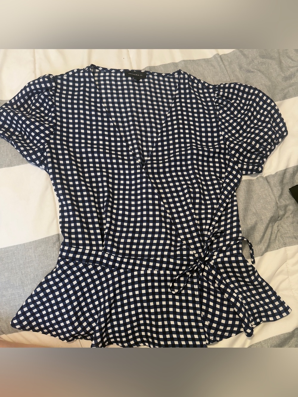 Navy and White Gingham Wrap Blouse with Side Tie
